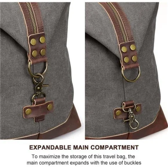 60L Canvas Duffel Bag Carry on Genuine Leather Overnight Weekender Bag for Men - Picture 5 of 7